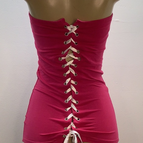 Pink Strapless Tube Top With White Satin Lace Up Closure. New No Tags. - Picture 4 of 5